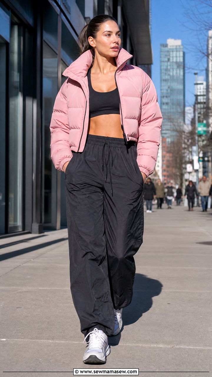Parachute Pants and Sports Bra With Cropped Puffer - 25 Cardio walk outfit ideas