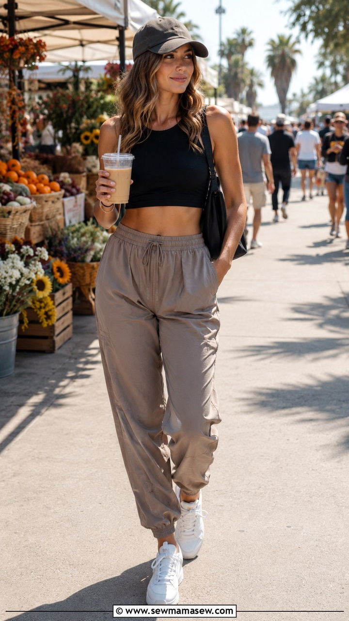 Parachute Pants with Fitted Crop Top and Sneakers - 30 casual athleisure outfits