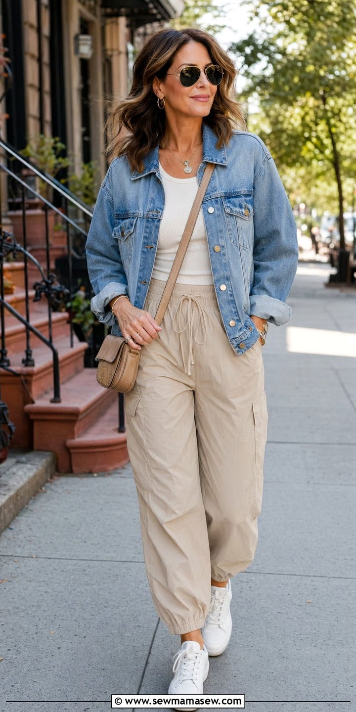 Parachute Pants with Fitted Tank and Oversized Denim Jacket - 30 Y2K outfits for women over 40