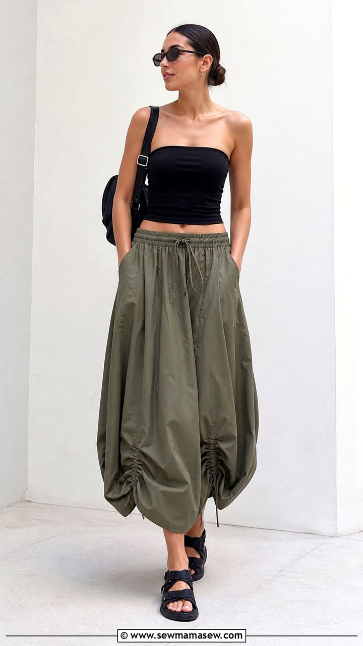 Parachute Skirt With Fitted Tube Top And Sporty Sandals - 40 Summer outfits with sandals