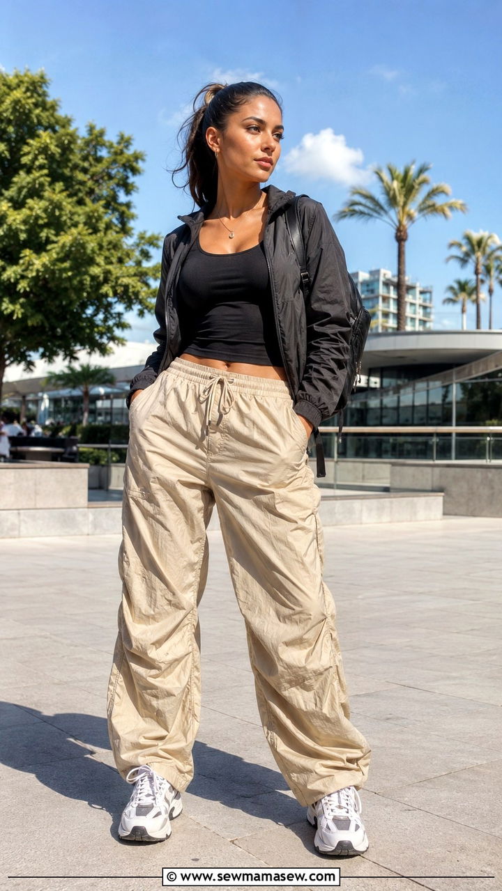 Parachute pants and fitted tank outfit - 30 casual sporty chic outfits