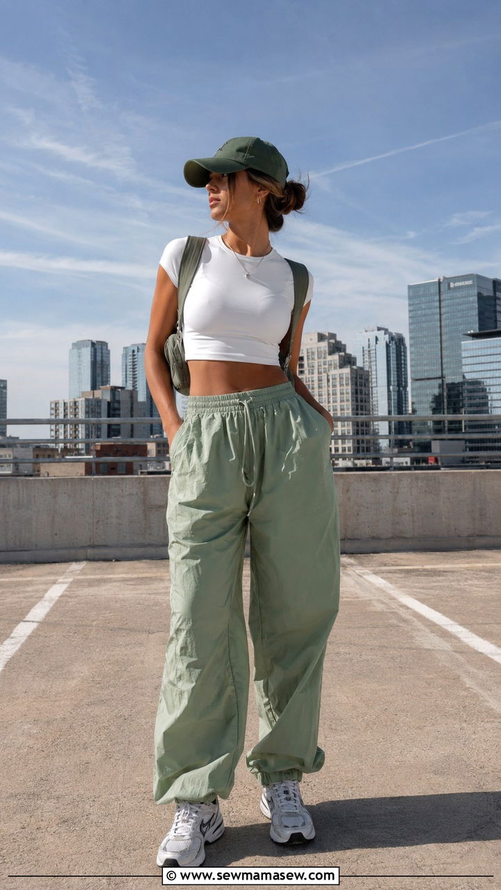 Parachute pants with a fitted crop top - 25 Aesthetic gym outfit ideas