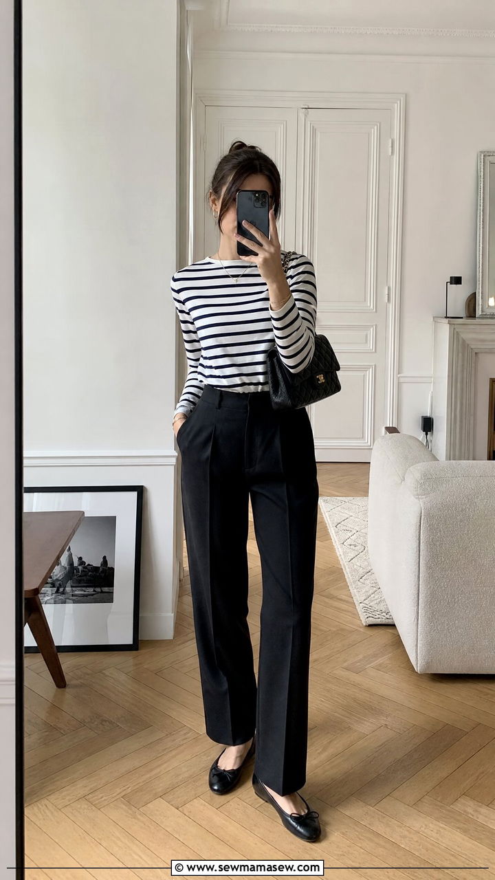 Paris Casual Outfit Breton Stripe Top Tailored Trousers - 25 casual Paris outfits