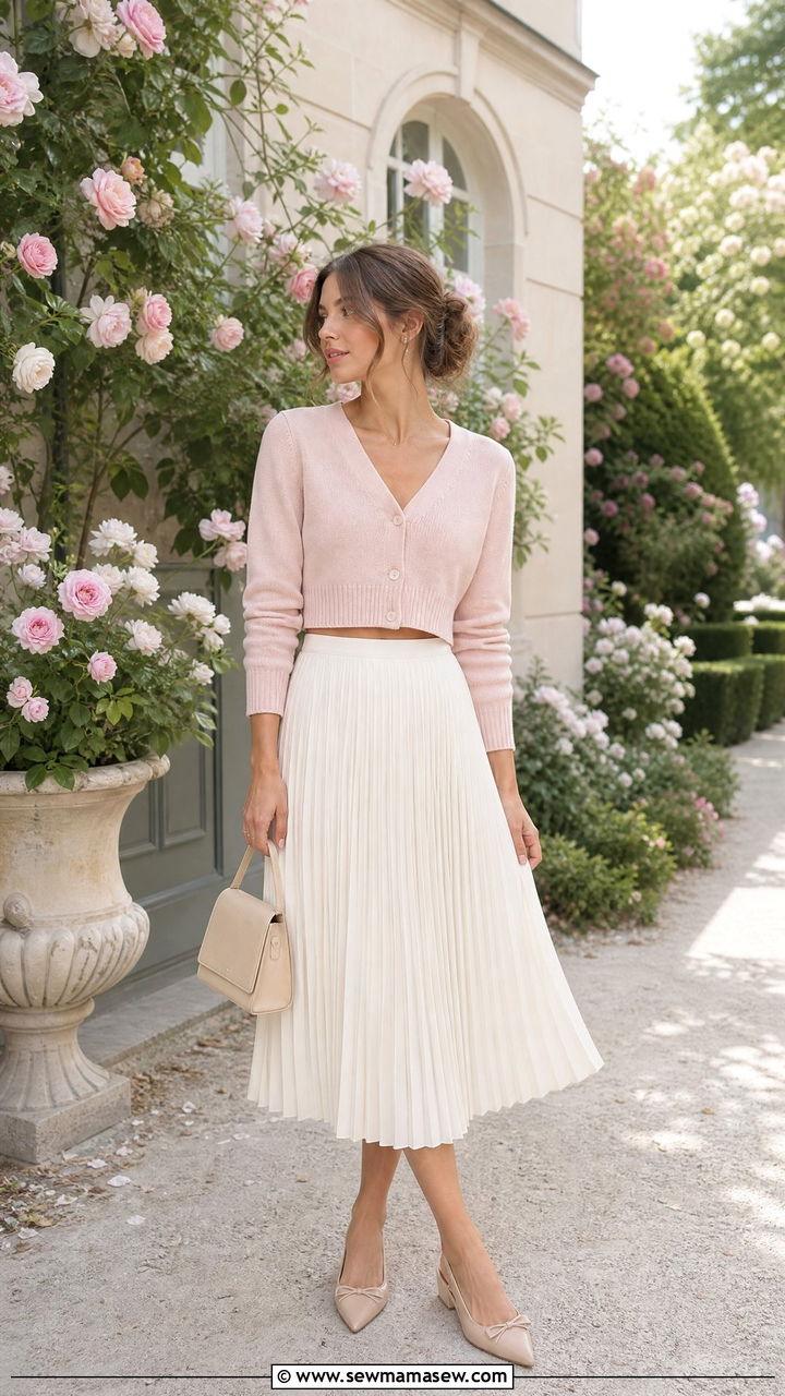Paris Casual Outfit Cropped Cardigan Pleated Midi Skirt - 25 casual Paris outfits