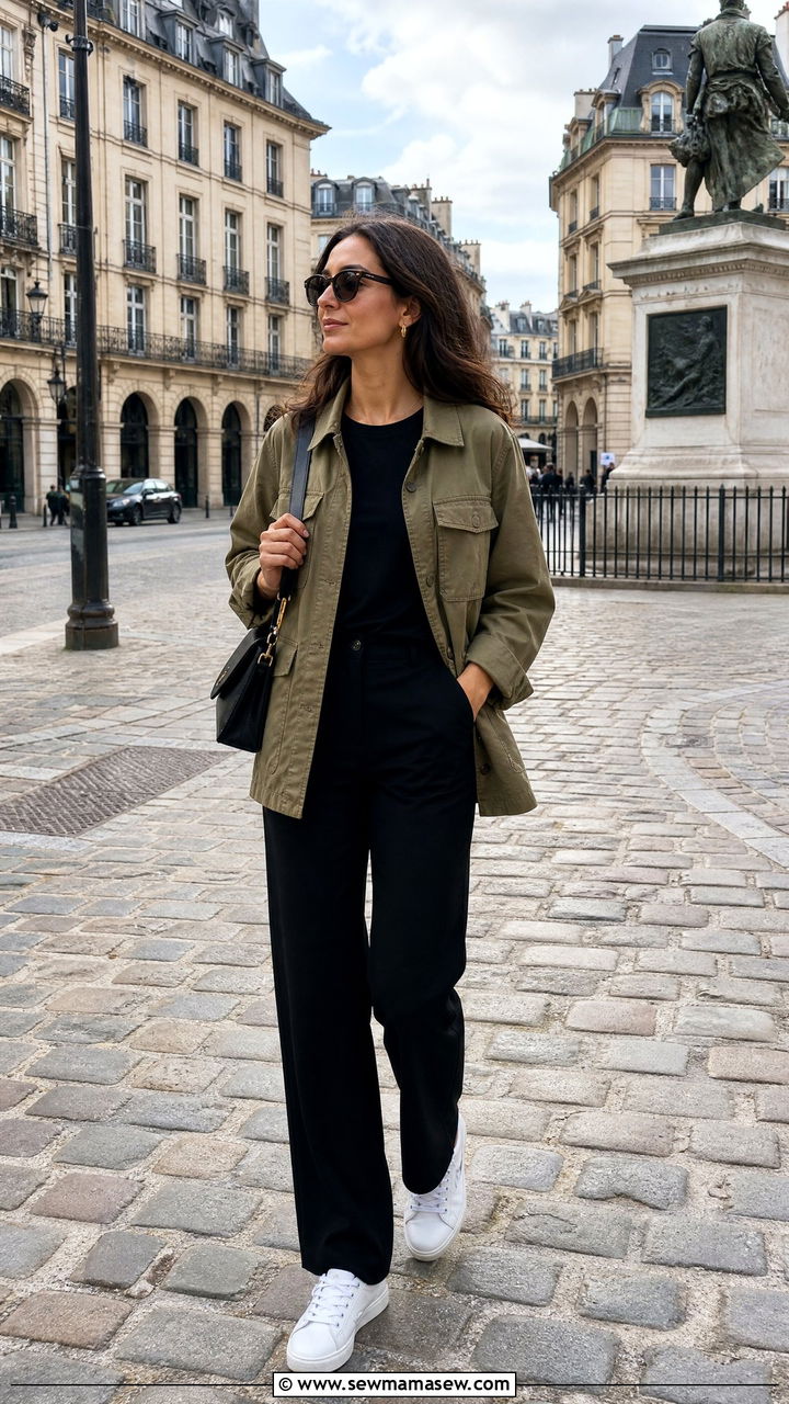 Paris Casual Outfit Khaki Utility Jacket Black Trousers - 25 casual Paris outfits