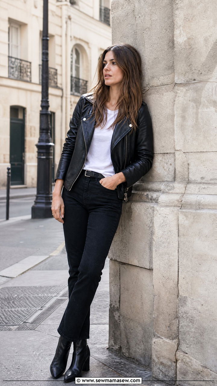 Paris Casual Outfit Leather Jacket White Tee Black Jeans - 25 casual Paris outfits