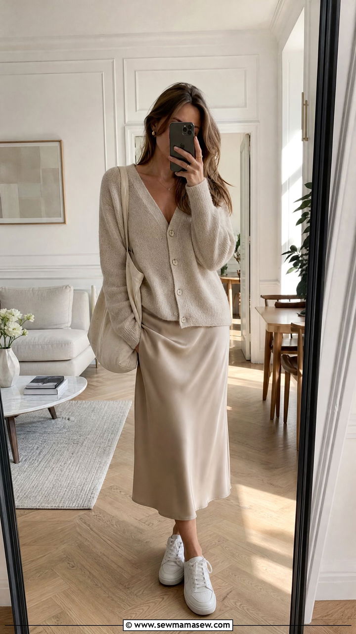 Paris Casual Outfit Light Cardigan Slip Skirt Sneakers - 25 casual Paris outfits