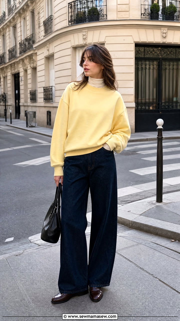 Paris Casual Outfit Sweatshirt Wide Leg Jeans Loafers - 25 casual Paris outfits