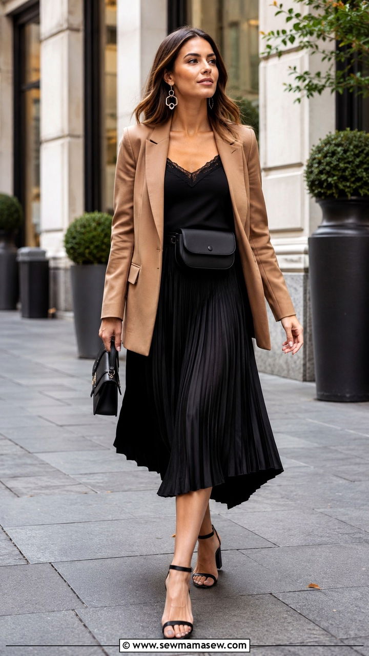 Paris Outfit With Blazer And Pleated Midi Skirt - 30 Paris outfits aesthetic