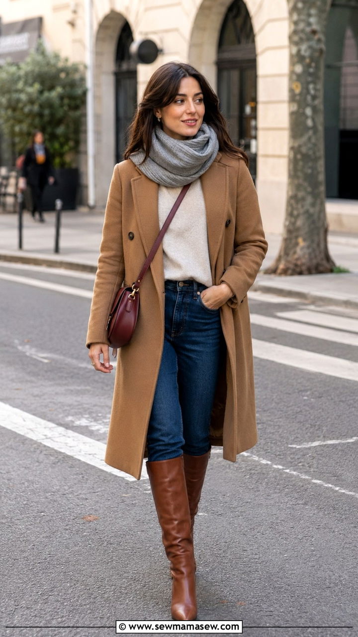 Paris Outfit With Camel Coat And Knit Scarf - 30 Paris outfits aesthetic