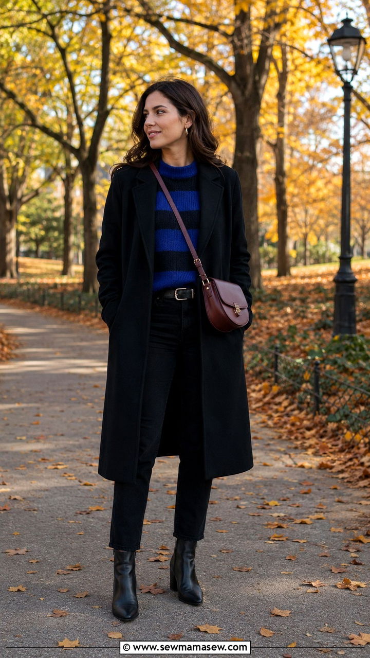 Paris Outfit With Colorful Striped Knit And Black Coat - 30 Paris outfits aesthetic
