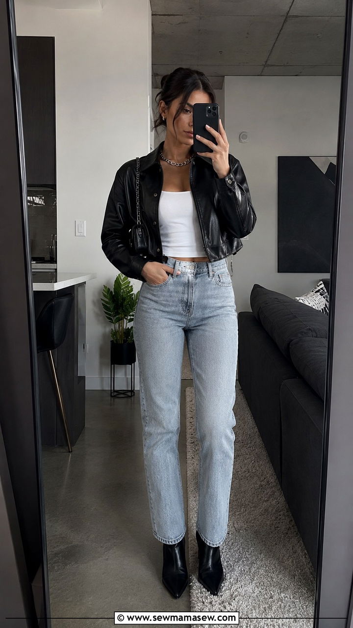 Paris Outfit With Cropped Leather Jacket And High Waisted Jeans - 30 Paris outfits aesthetic