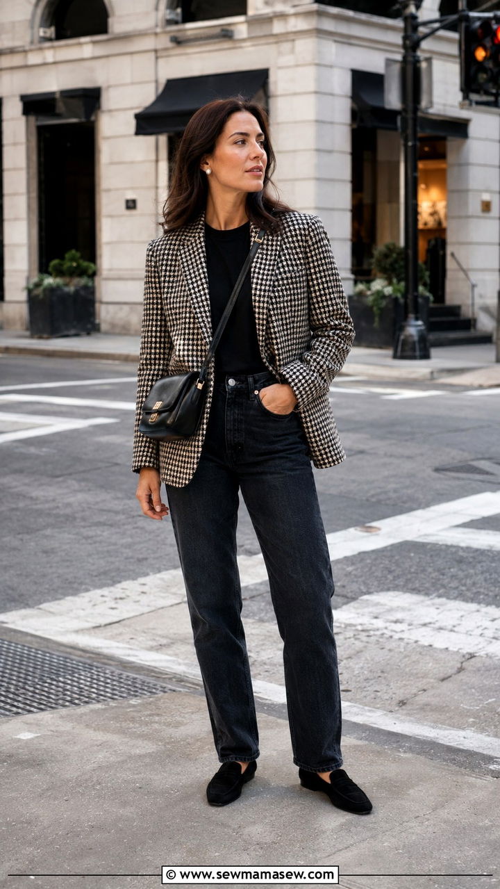 Paris Outfit With Houndstooth Blazer And Denim - 30 Paris outfits aesthetic