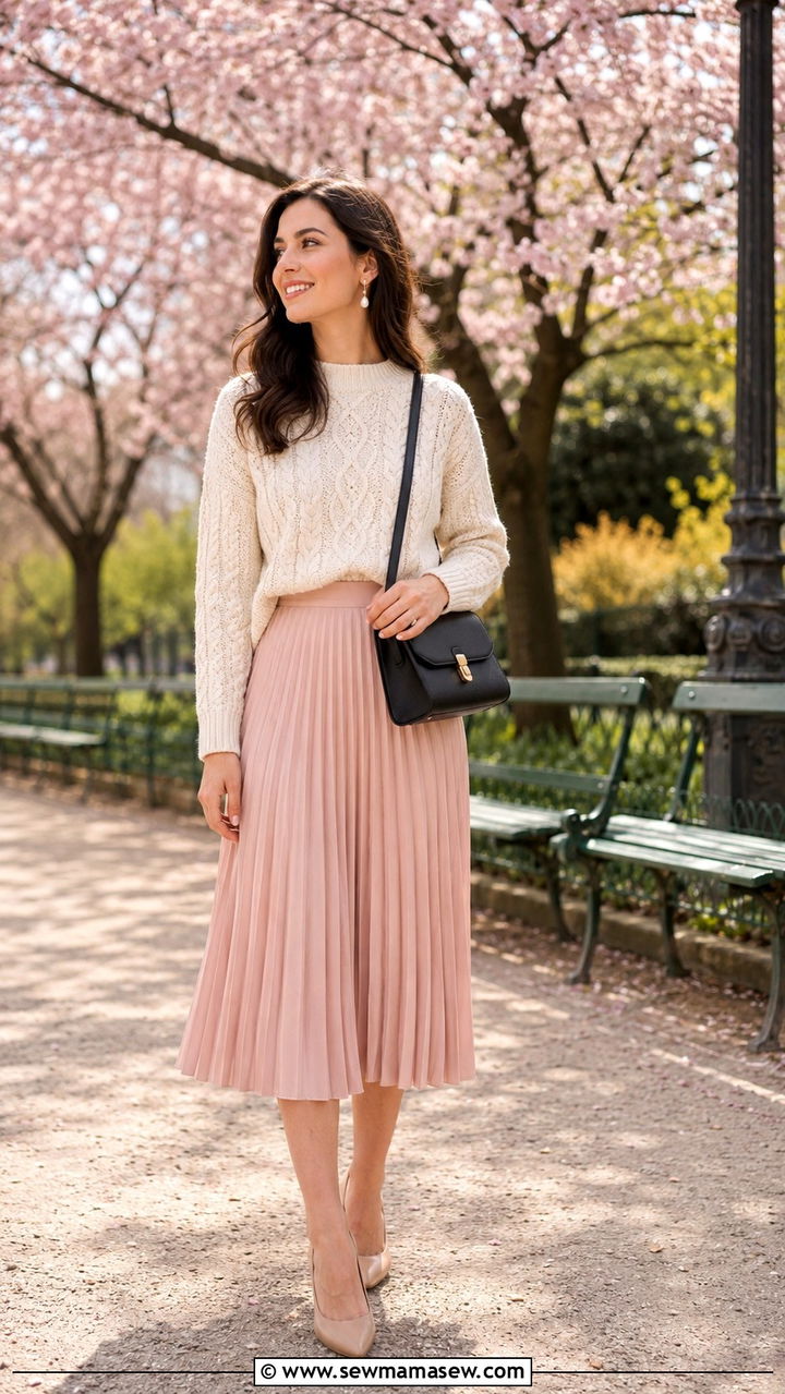 Parisian Brunch Outfit CableKnit Sweater and Pleated Skirt - 30 Brunch outfit ideas Parisian chic