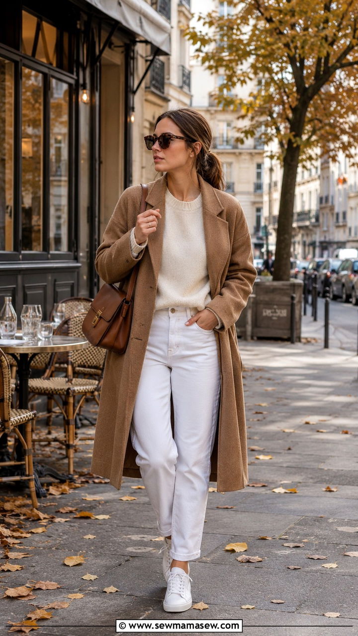 Parisian Brunch Outfit Camel Coat and White Denim - 30 Brunch outfit ideas Parisian chic