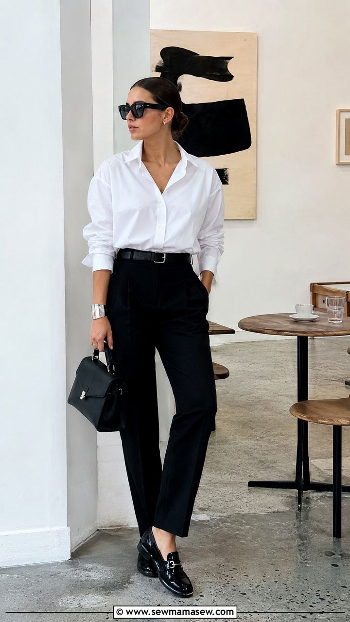 Parisian Brunch Outfit Crisp White Shirt and Black Tailored Trousers - 30 Brunch outfit ideas Parisian chic