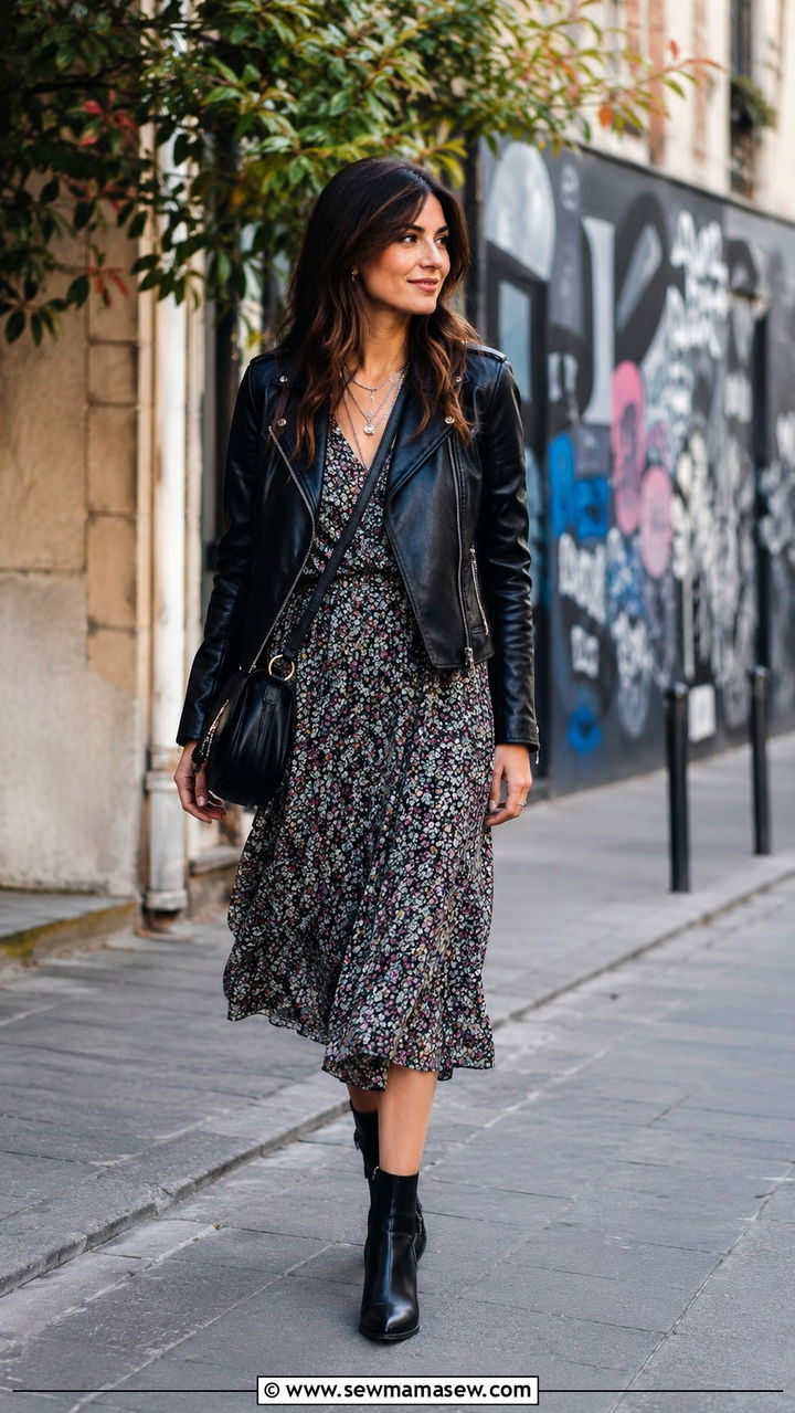 Parisian Brunch Outfit Leather Jacket and Floral Midi Dress - 30 Brunch outfit ideas Parisian chic