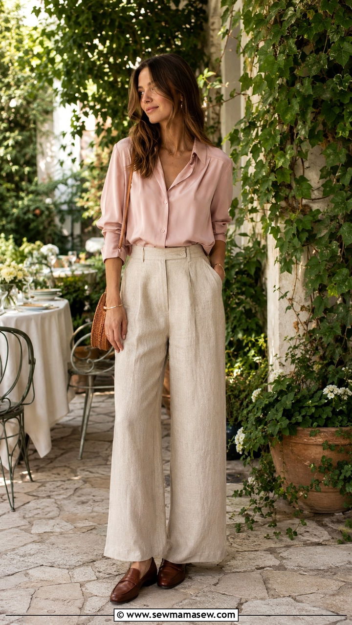 Parisian Brunch Outfit Linen Trousers and Silk Blouse - 30 Brunch outfit ideas Parisian chic