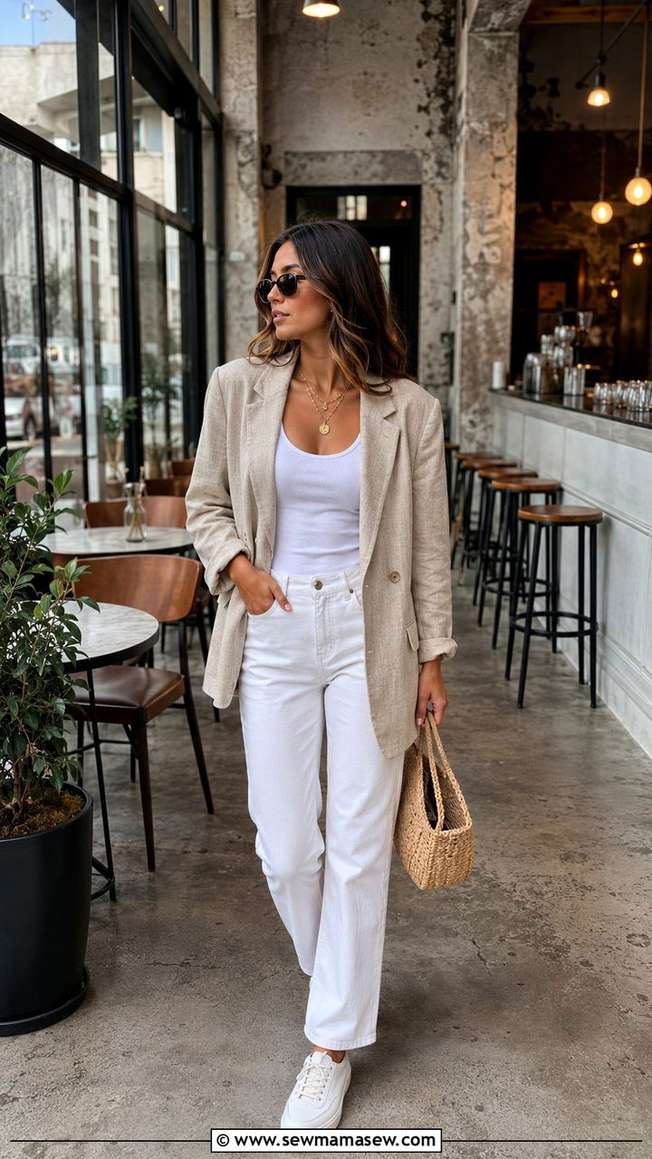 Parisian Brunch Outfit White Jeans and Oversized Blazer - 30 Brunch outfit ideas Parisian chic