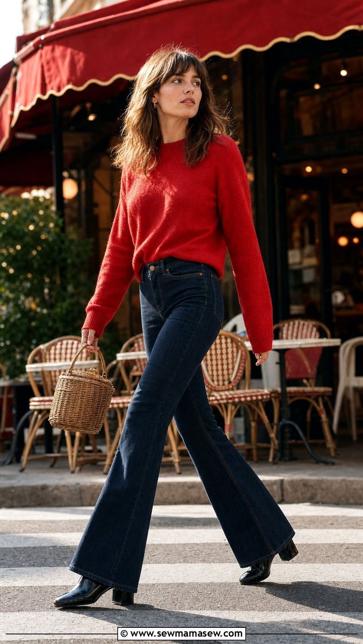 Parisian Red Knit Sweater and Flared Jeans - 25 Europe travel outfits inspo