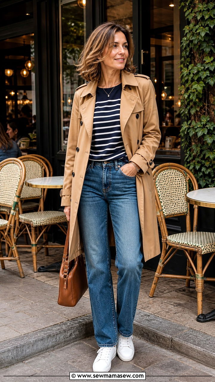 Parisian trench coat with striped top and jeans - 30 parisian outfit ideas for women over 40