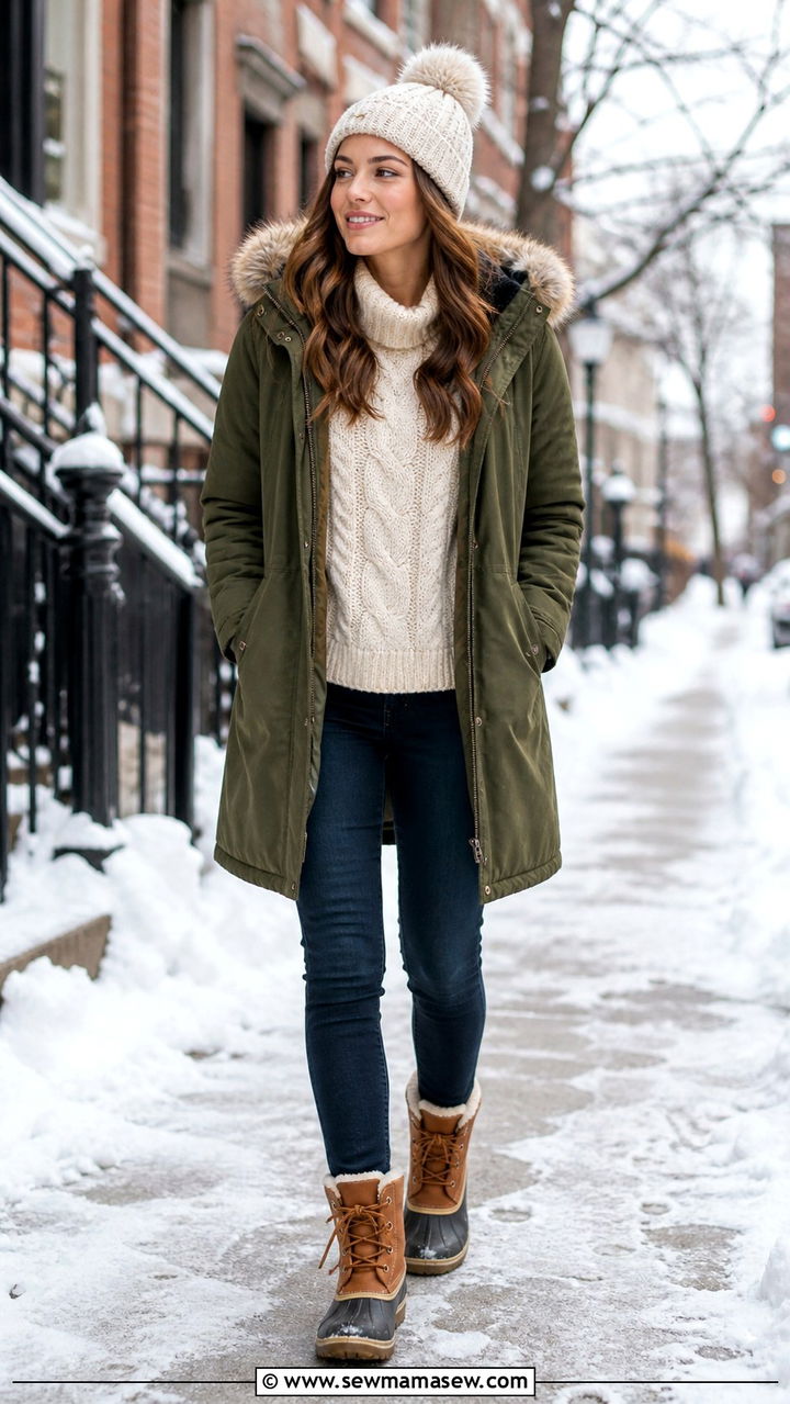 Parka Jacket With Skinny Jeans and Duck Boots - 40 cute jacket outfits