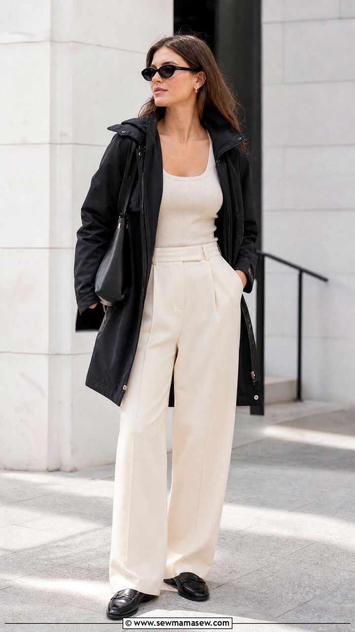 Parka With Wide Leg Trousers and Loafers - 25 Spring outfits with parka