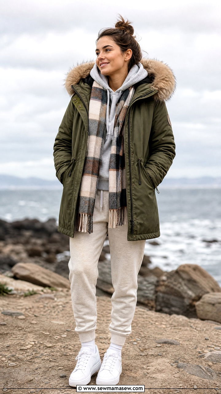 Parka coat layered over a hoodie and relaxed joggers - 30 First cold day outfits