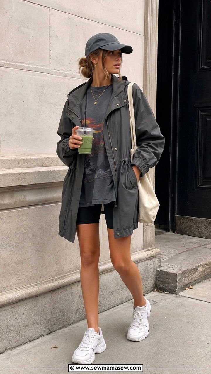 Parka with Biker Shorts and Chunky Sneakers - 20 Summer outfits with parka