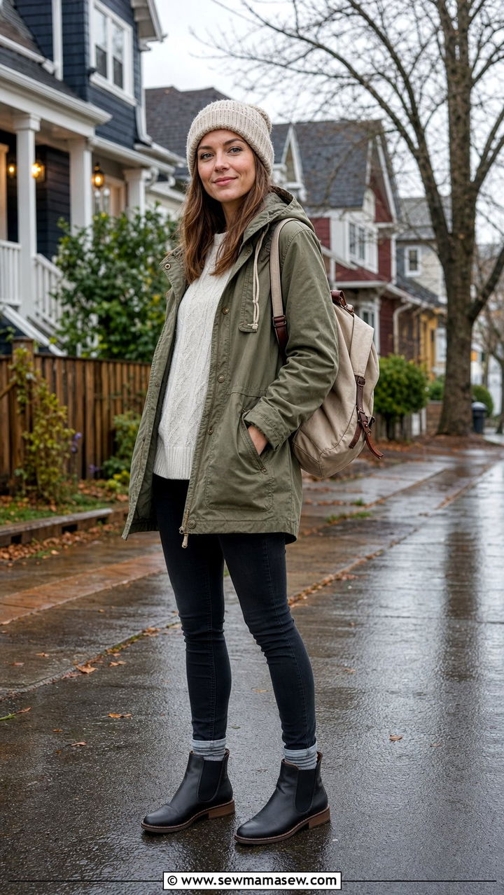 Parka with Dark Skinny Jeans and Chelsea Boots - 25 Drizzle outfit ideas
