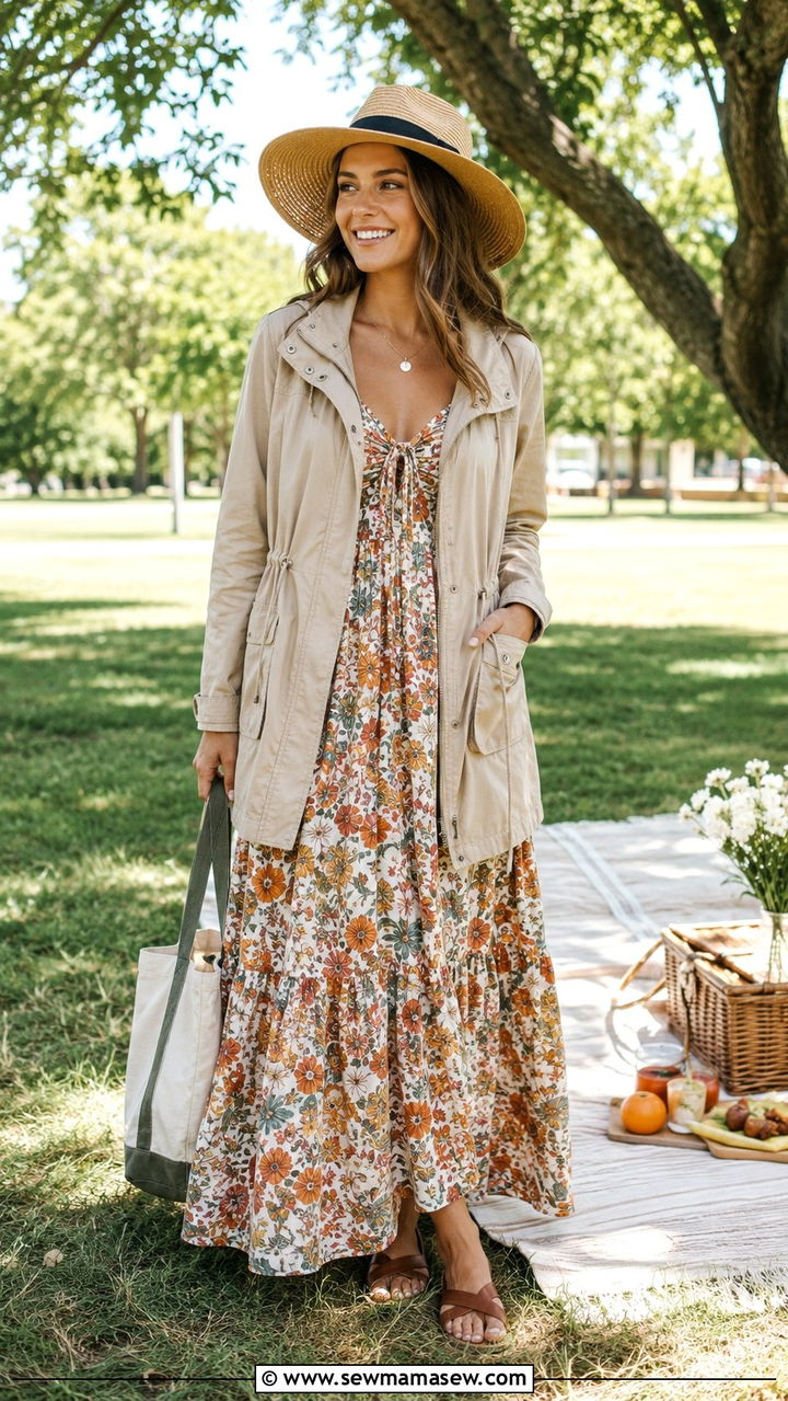 Parka with Floral Maxi Dress and Flat Sandals - 20 Summer outfits with parka