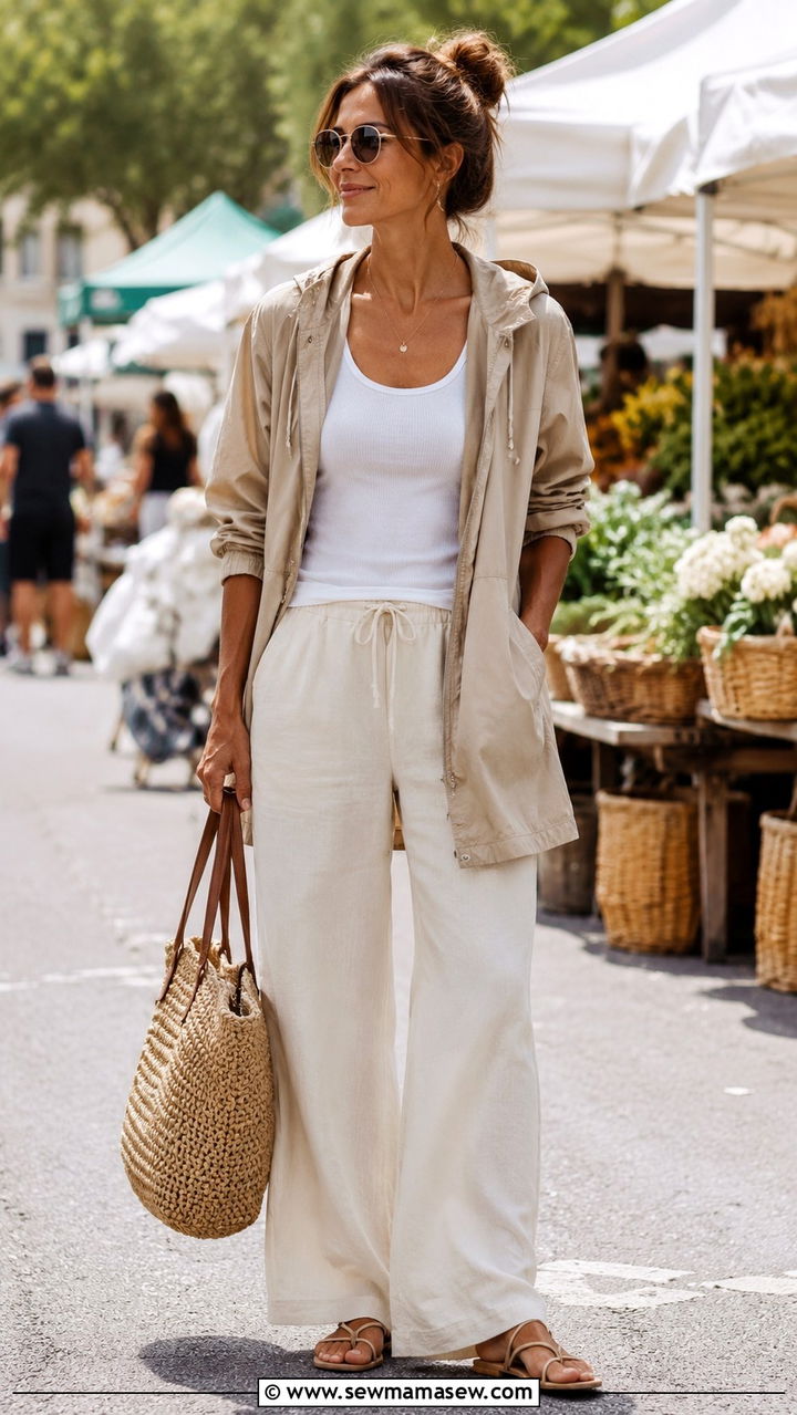 Parka with Linen Pants and Strappy Sandals - 20 Summer outfits with parka