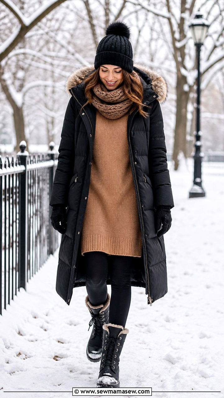 Parka with Sweater Dress and Snow Boots Outfit - 40 What to wear in London
