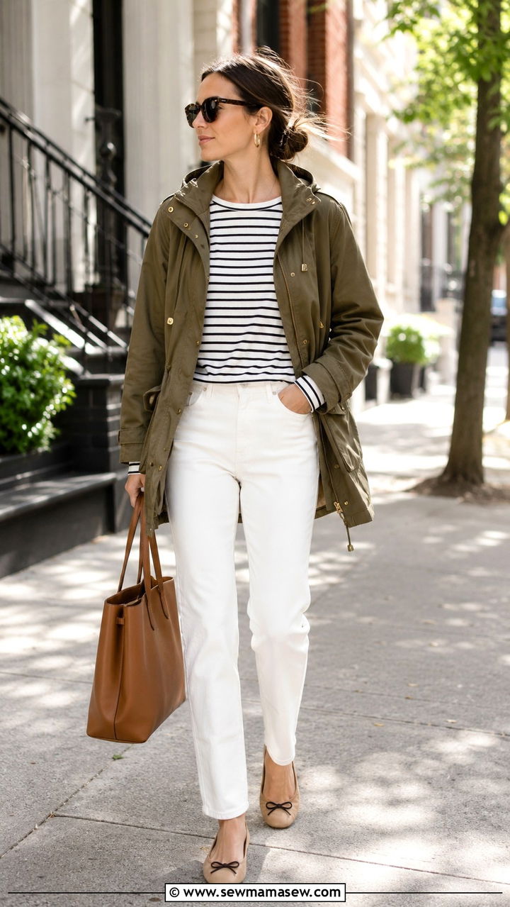 Parka with White Jeans and Ballet Flats - 20 Summer outfits with parka