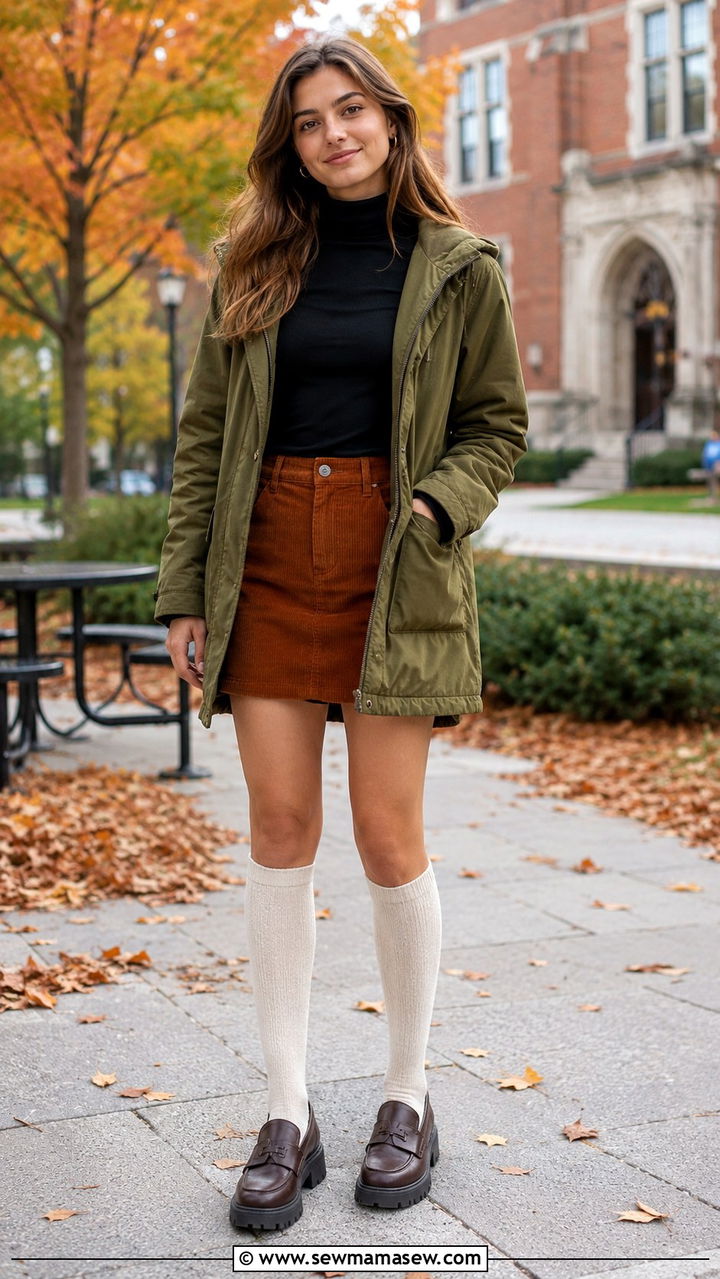Parka with a corduroy mini skirt and knee socks - 30 How to style a parka
