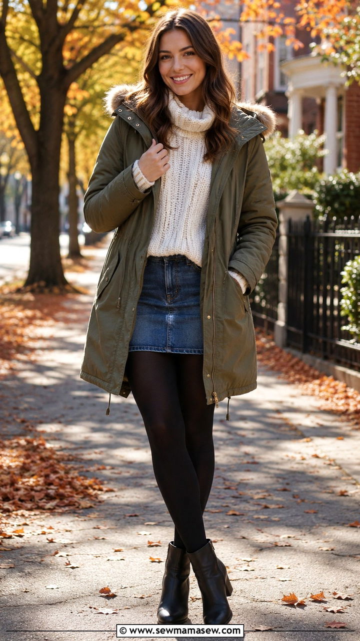 Parka with a denim mini skirt and tights - 30 How to style a parka