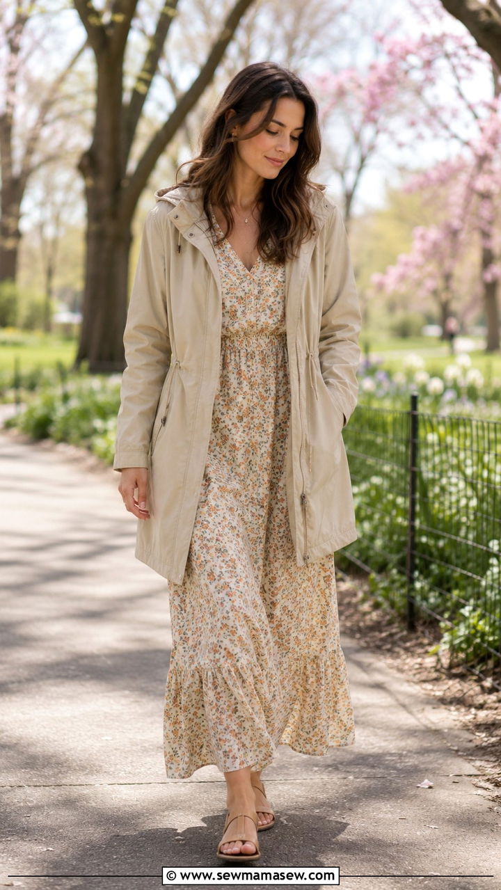 Parka with a maxi dress and flat sandals - 30 How to style a parka