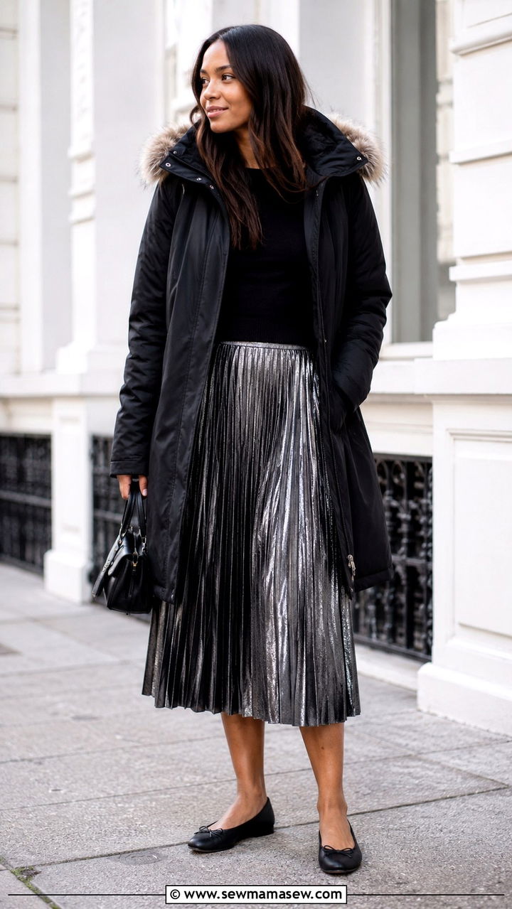 Parka with a pleated midi skirt and ballet flats - 30 How to style a parka