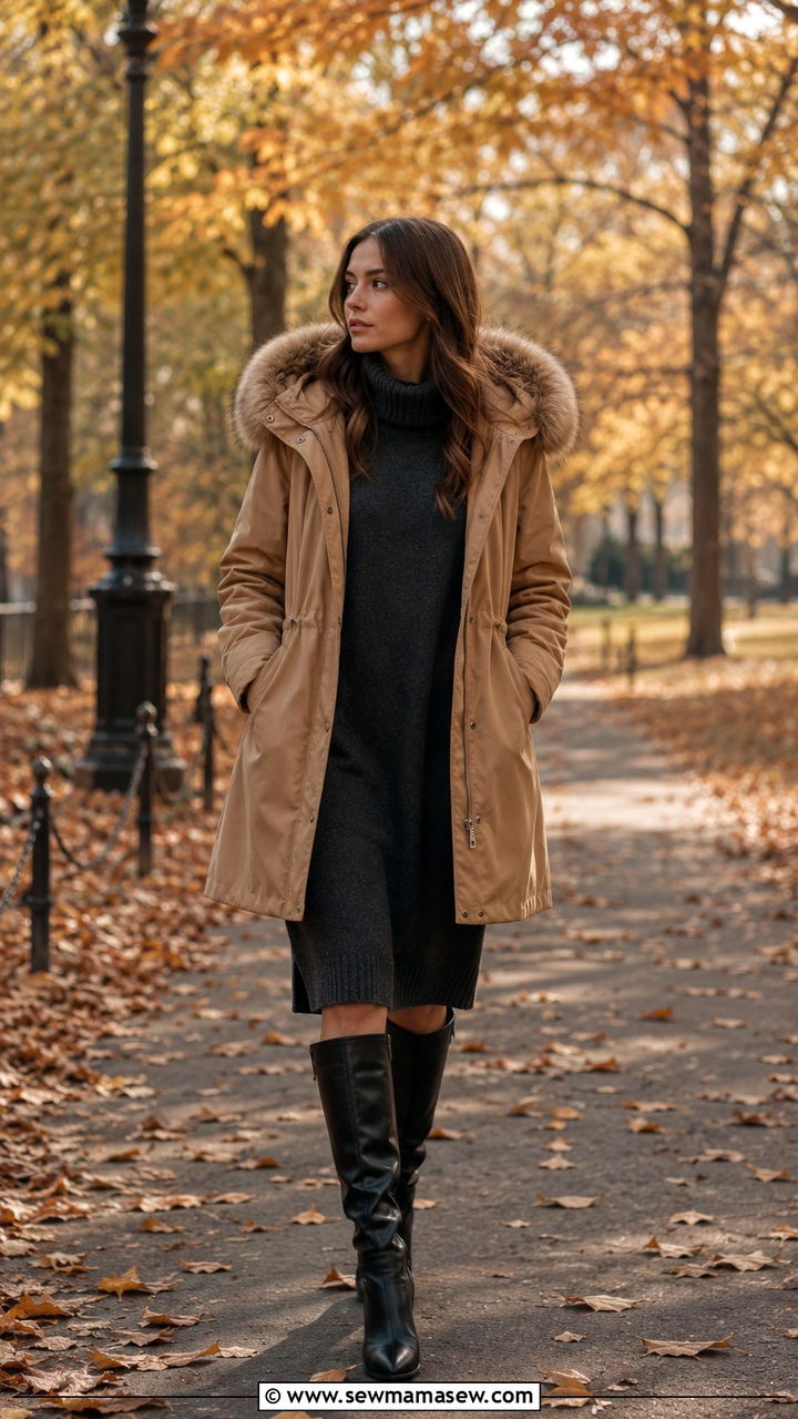 Parka with a sweater dress and knee high boots - 30 How to style a parka
