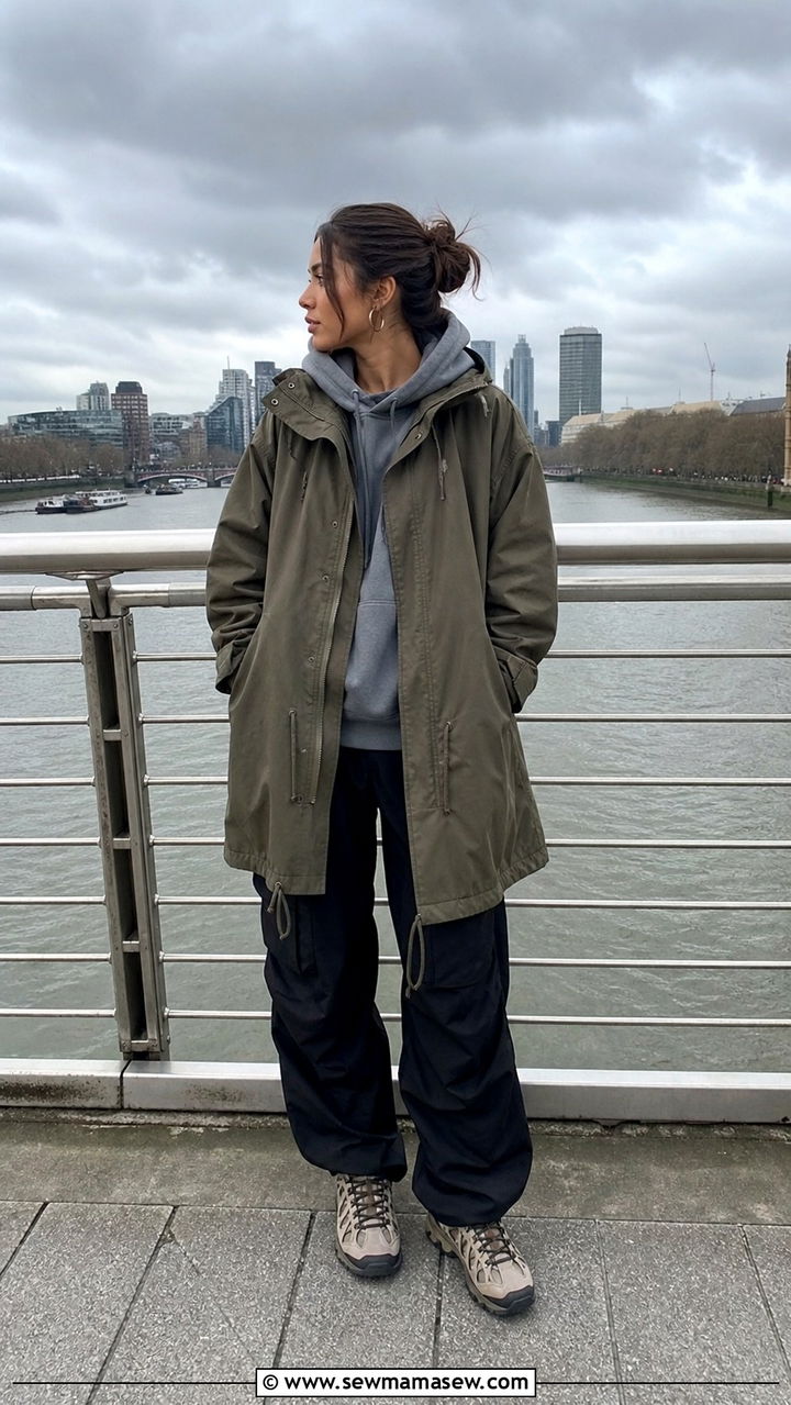Parka with hoodie and cargo trousers - 40 London outfit ideas