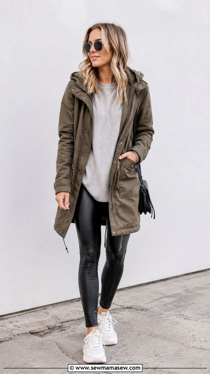 Parka with leather leggings and chunky sneakers - 30 How to style a parka