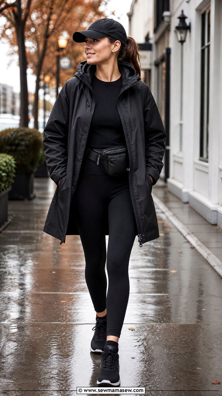 Parka with leggings and waterproof sneakers - 30 Cozy rainy day outfit ideas