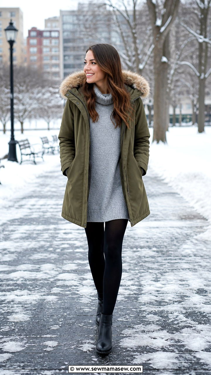 Parka with sweater dress and fleece lined tights - 40 What to wear in Boston