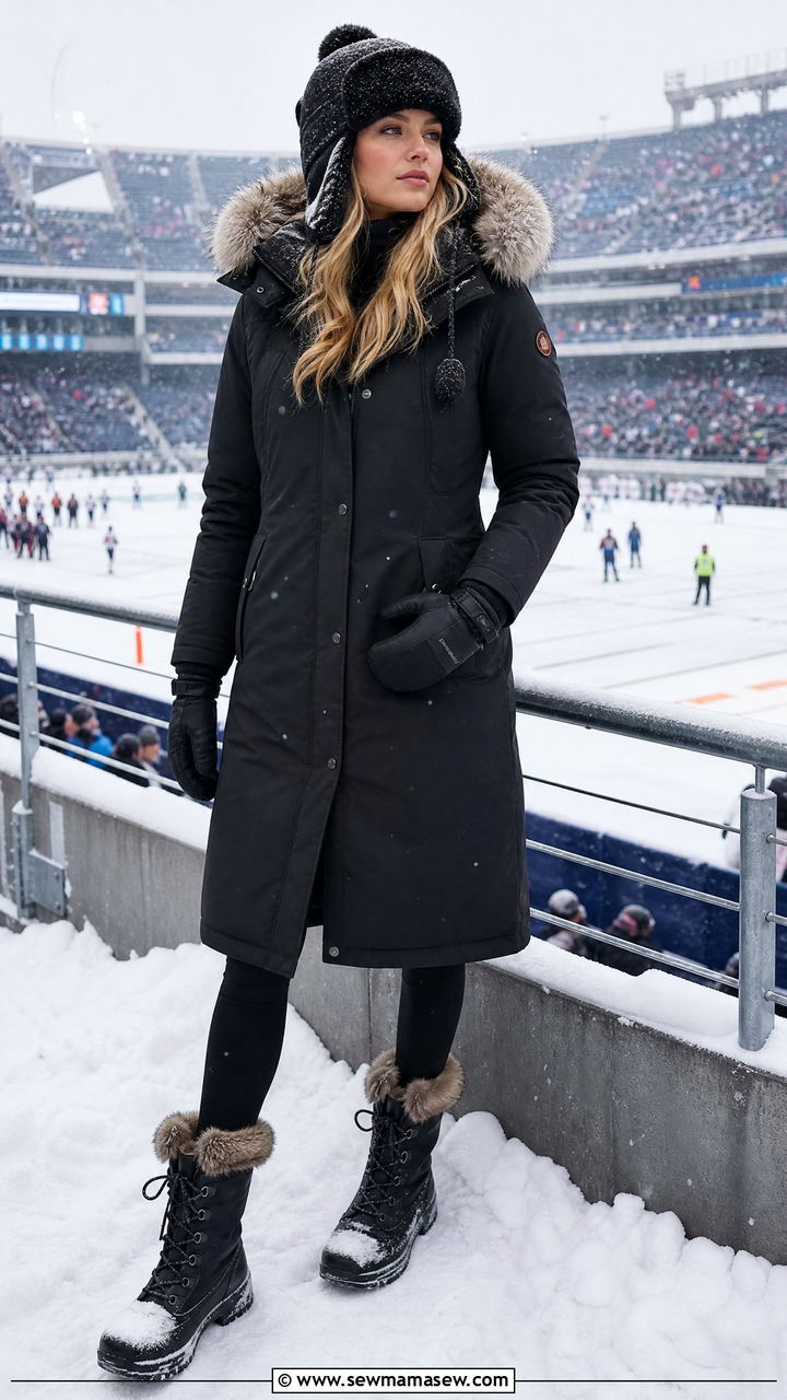 Parka with thermal leggings and snow boots - 25 Football game outfit ideas cold