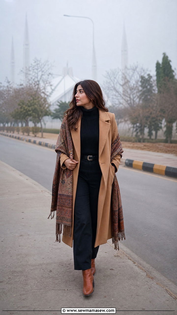 Pashmina Shawl With Western Coat - 30 Islamabad outfit ideas