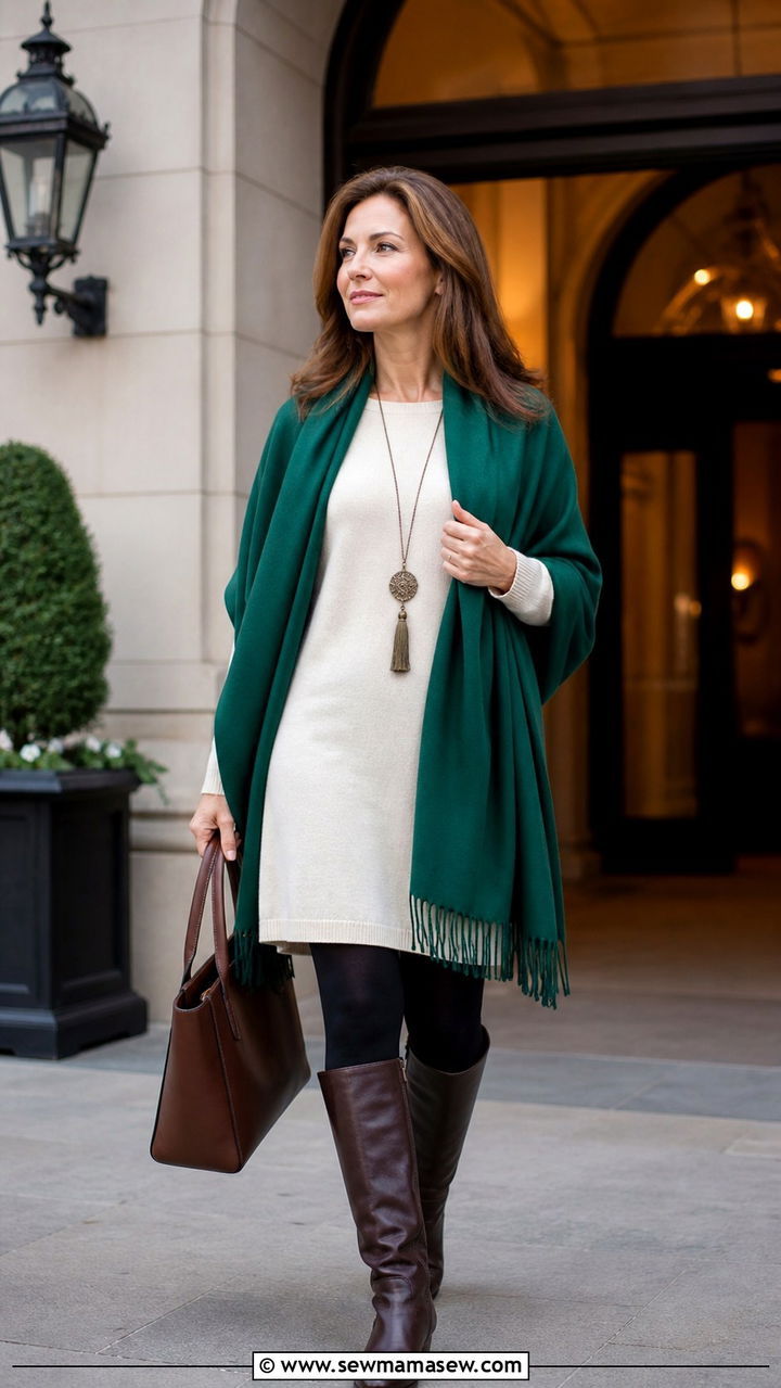 Pashmina wrap and tunic dress travel outfit - 40 travel outfits for women