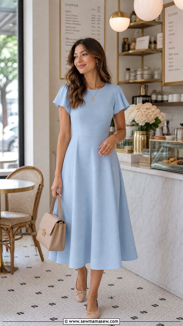 Pastel A Line Midi Dress with Ballet Flats - 25 modest bridal shower outfit ideas