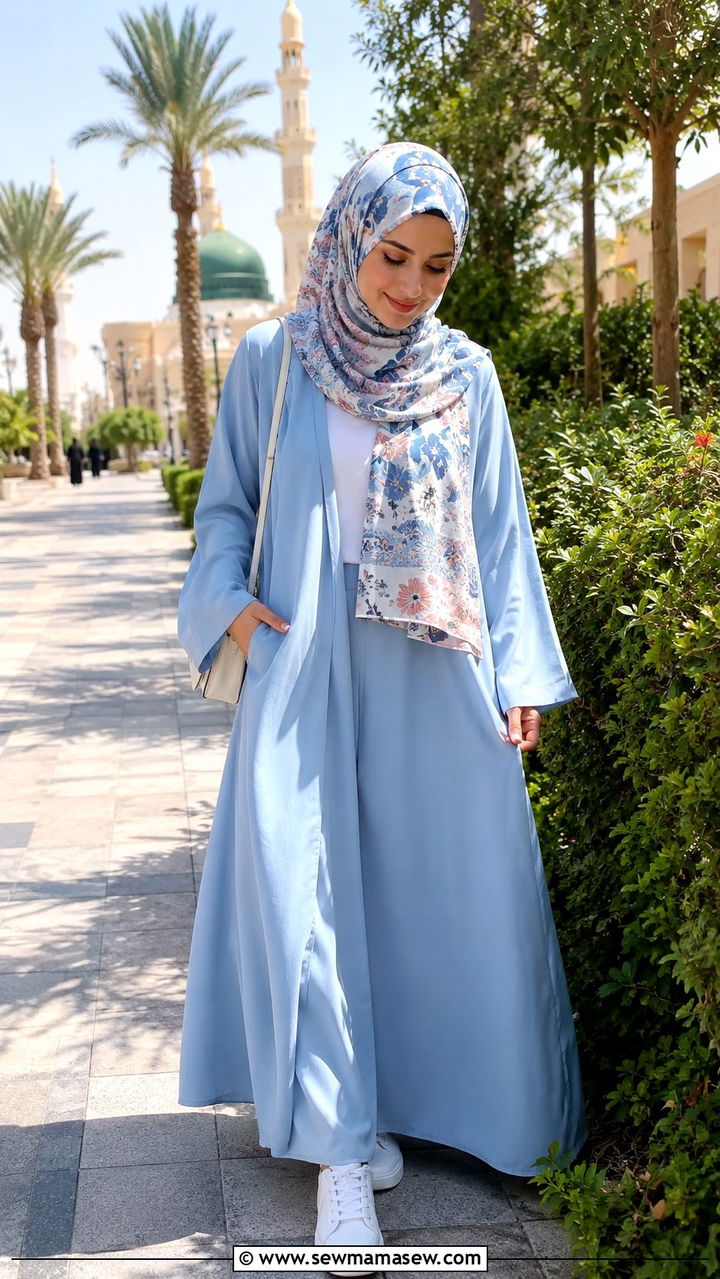 Pastel Abaya with Floral Hijab for Umrah - 30 Modest outfit ideas for Umrah