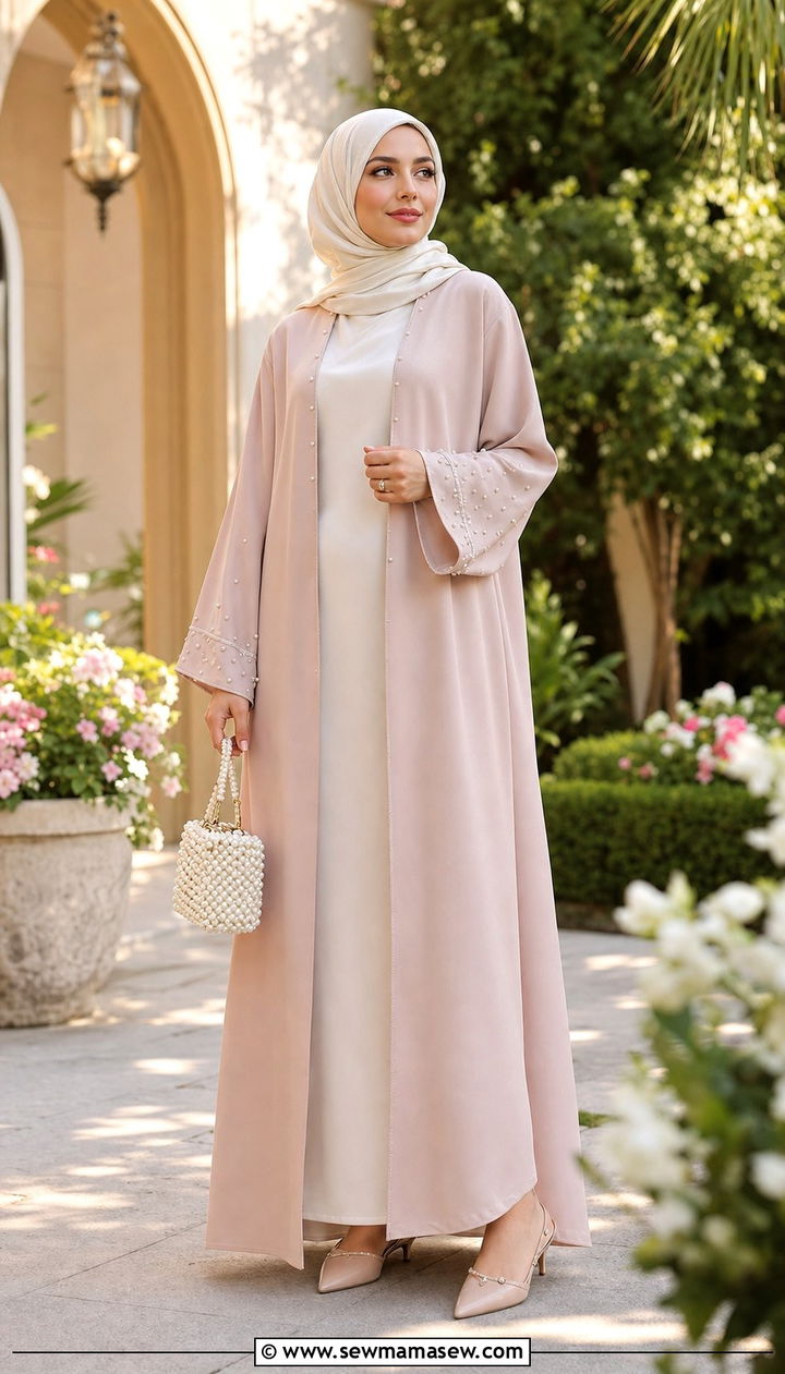 Pastel Abaya with Pearl Embellishments - 25 Eid al Fitr outfit ideas 2026