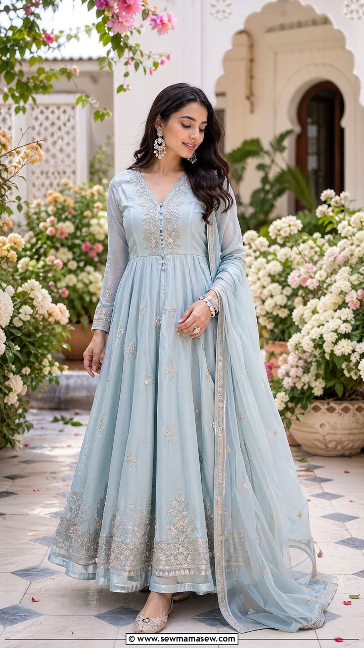 Pastel Anarkali suit with delicate embroidery - 35 Eid outfit ideas modest